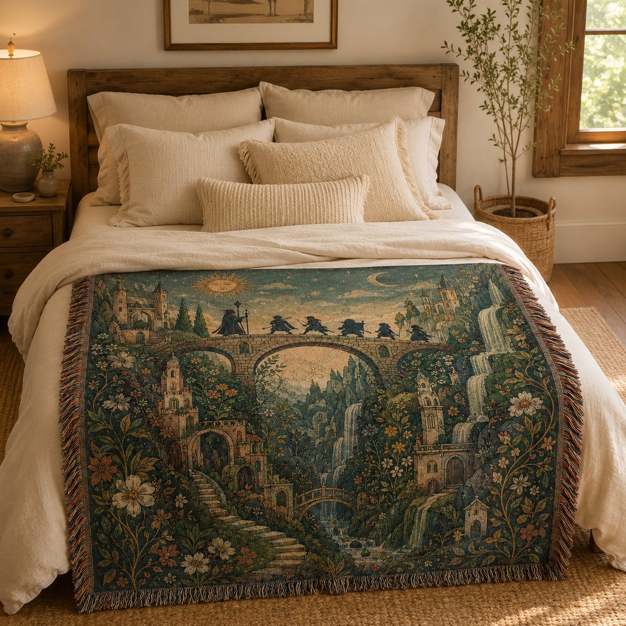 Enchanted fantasy woven tapestry blanket styled across the foot of a warm rustic bedroom bed