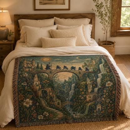 Enchanted fantasy woven tapestry blanket styled across the foot of a warm rustic bedroom bed