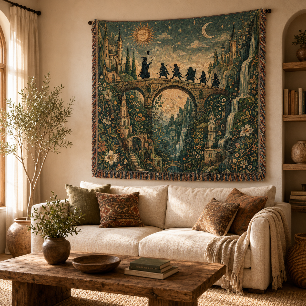 Enchanted fantasy woven tapestry displayed above a cream sofa in a warm storybook inspired living room