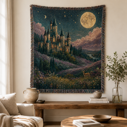Moonlit fantasy castle woven tapestry blanket displayed as wall decor above a wooden console