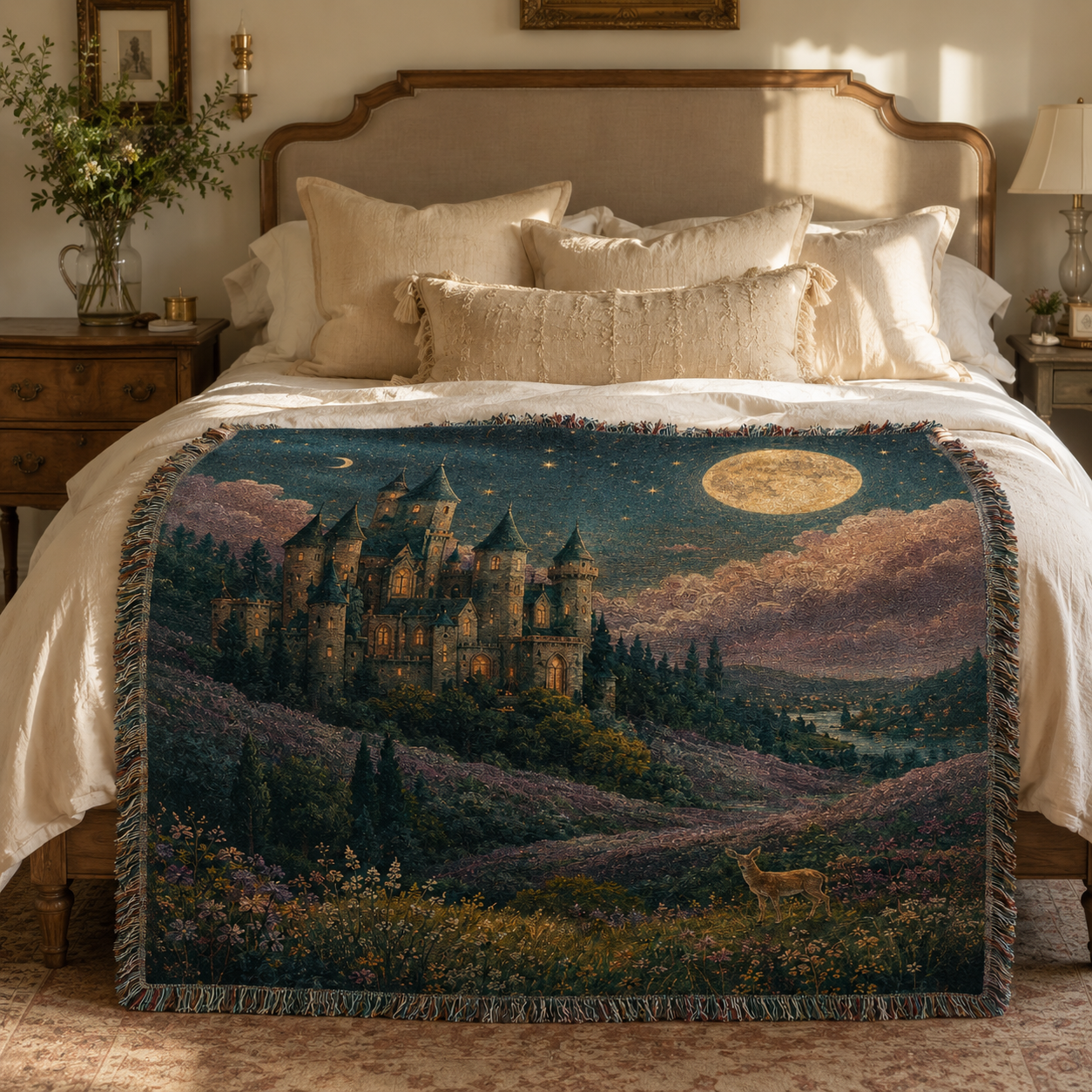 Enchanted castle woven blanket styled across a warm vintage bedroom bed