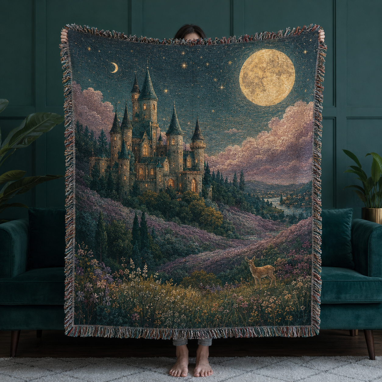 Enchanted moonlit castle woven tapestry blanket with golden full moon, stars, deer and wildflower meadow