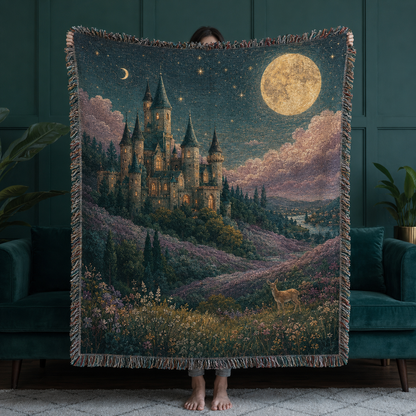 Enchanted moonlit castle woven tapestry blanket with golden full moon, stars, deer and wildflower meadow