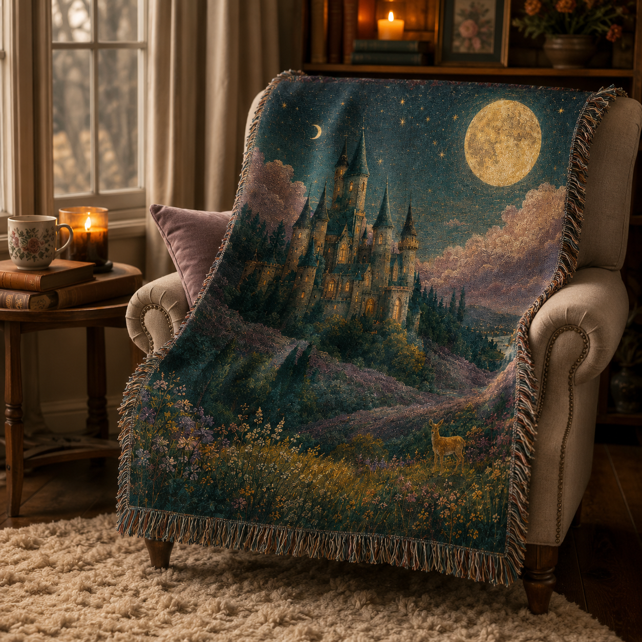 Moonlit enchanted castle woven blanket draped over an armchair in a cozy reading nook