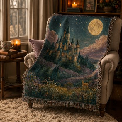 Moonlit enchanted castle woven blanket draped over an armchair in a cozy reading nook