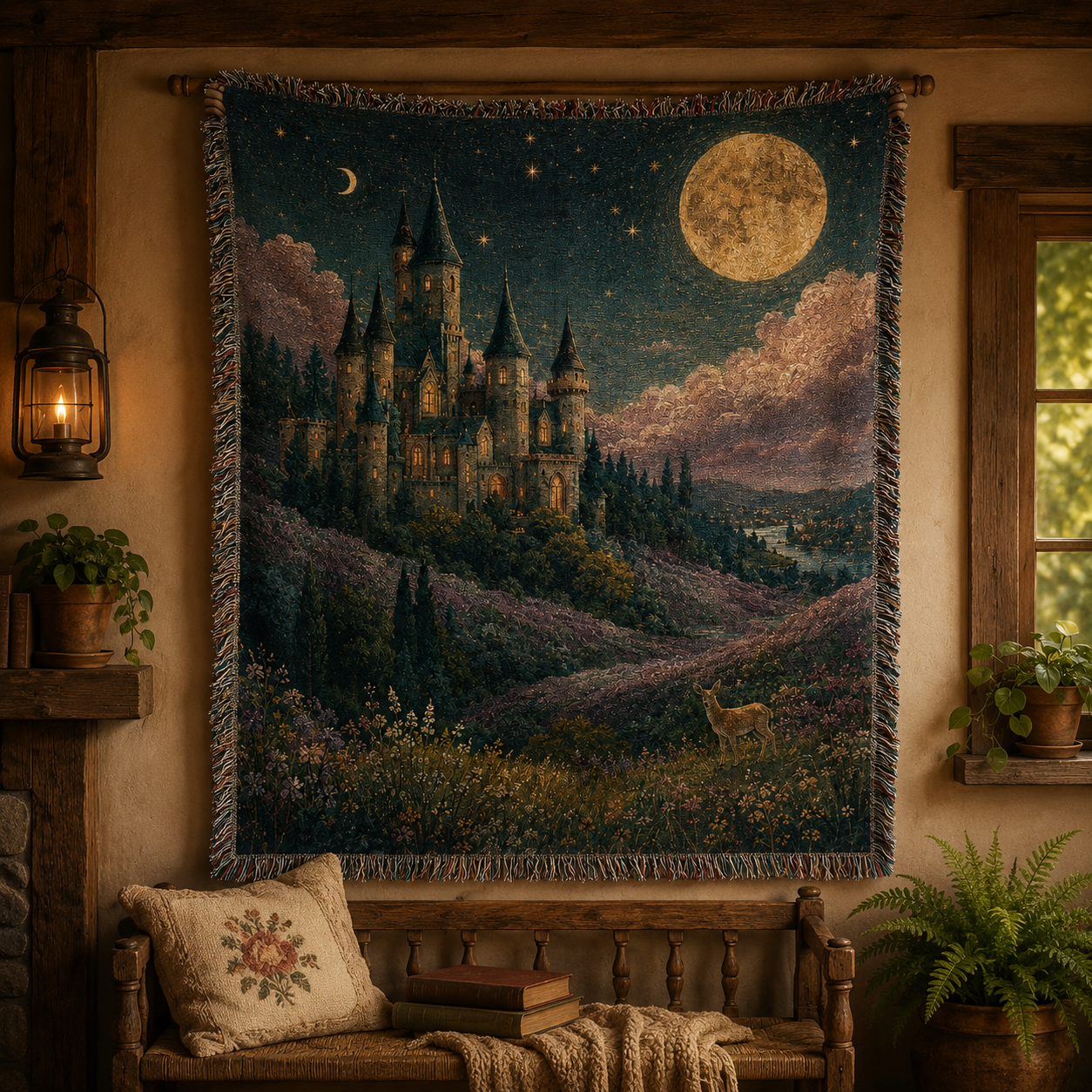 Fantasy moonlit castle woven tapestry blanket hanging in a warm rustic cottage interior