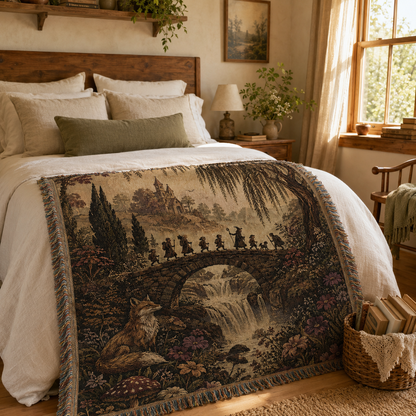 Enchanted woodland journey woven blanket styled on a rustic bedroom bed
