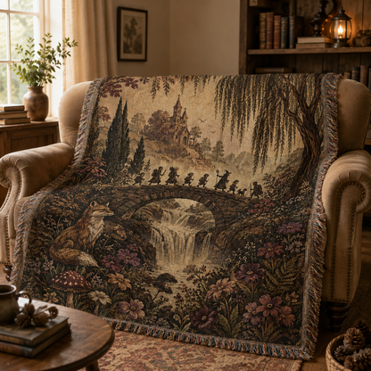 Enchanted woodland journey woven blanket styled on a cozy armchair