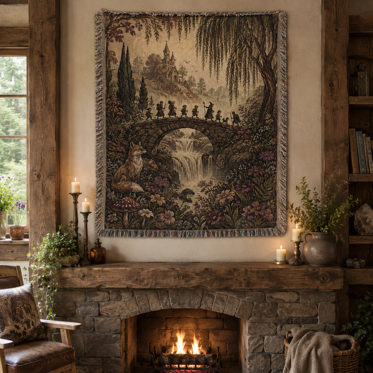 Enchanted woodland journey woven blanket displayed as wall decor above fireplace