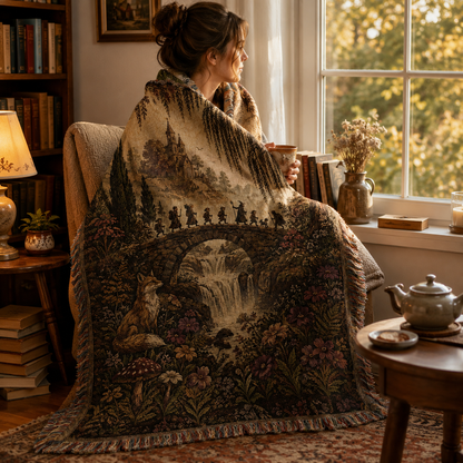 Enchanted woodland journey woven blanket wrapped around a reader by a window