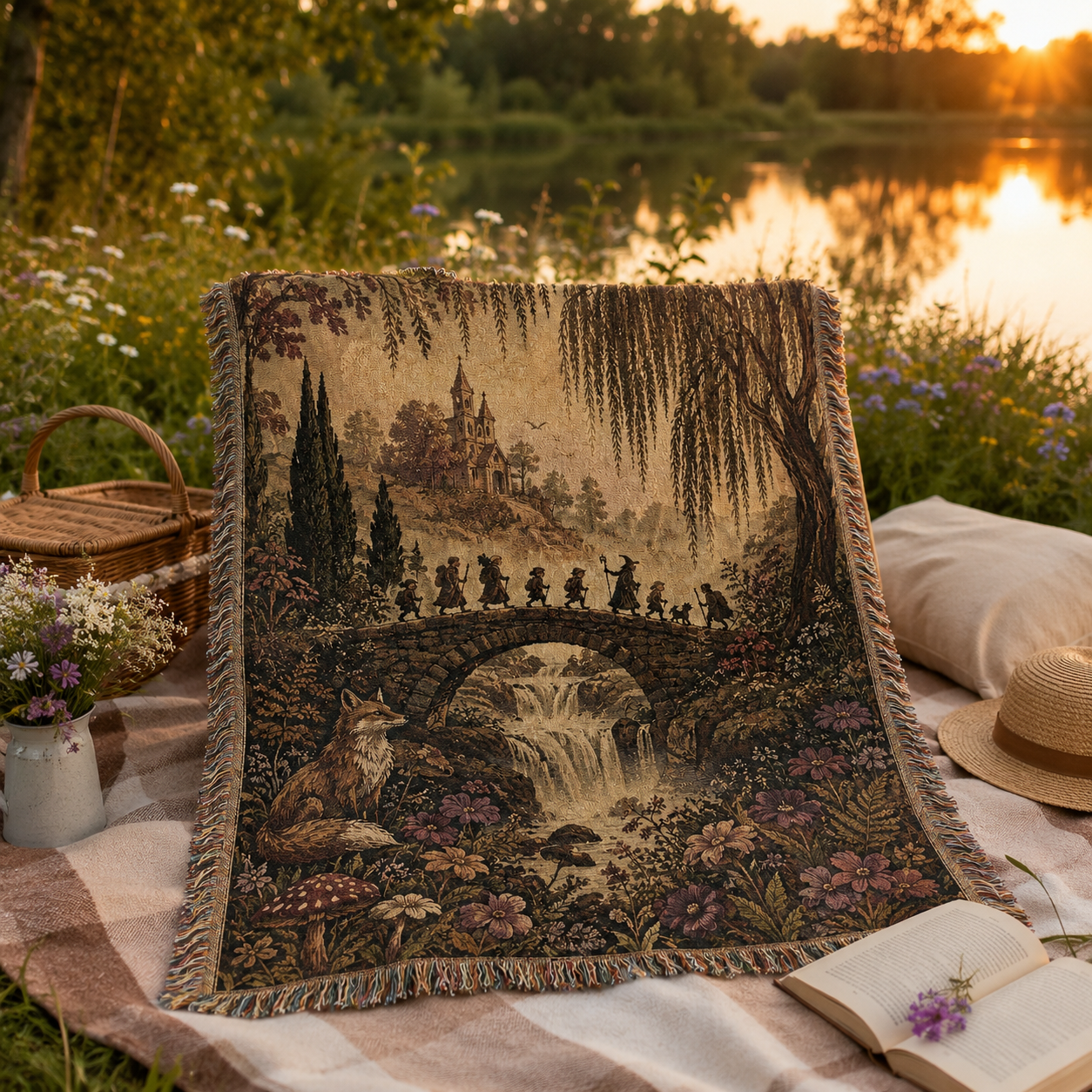 Enchanted woodland journey woven blanket used for a golden hour picnic
