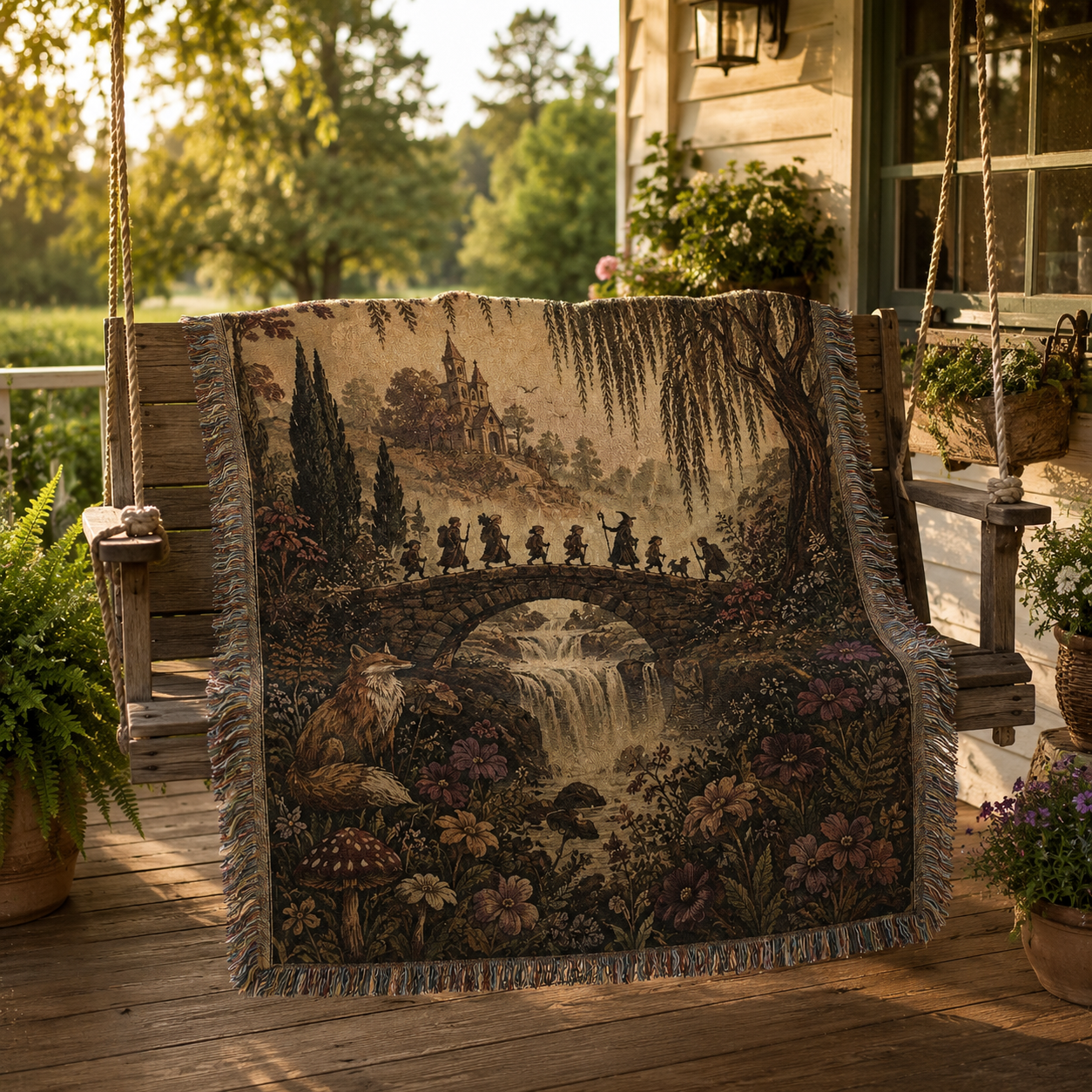 Enchanted woodland journey woven blanket displayed on a rustic porch swing