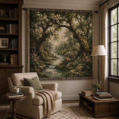 Enchanted woodland woven tapestry blanket styled in a cozy reading nook