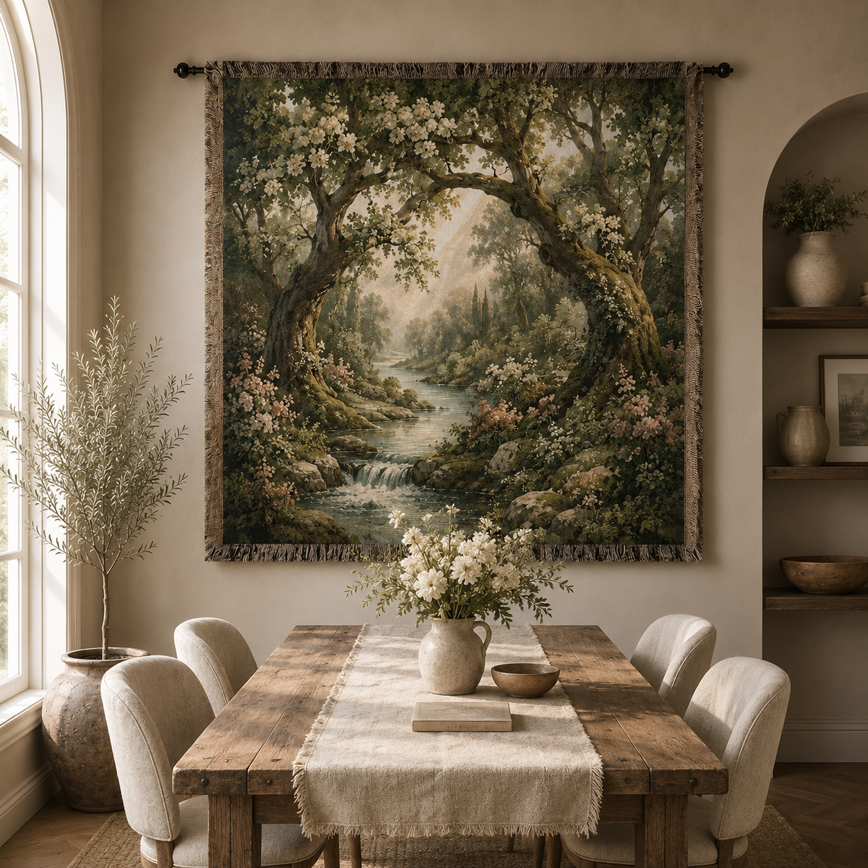 Enchanted woodland woven tapestry blanket displayed in a warm dining nook