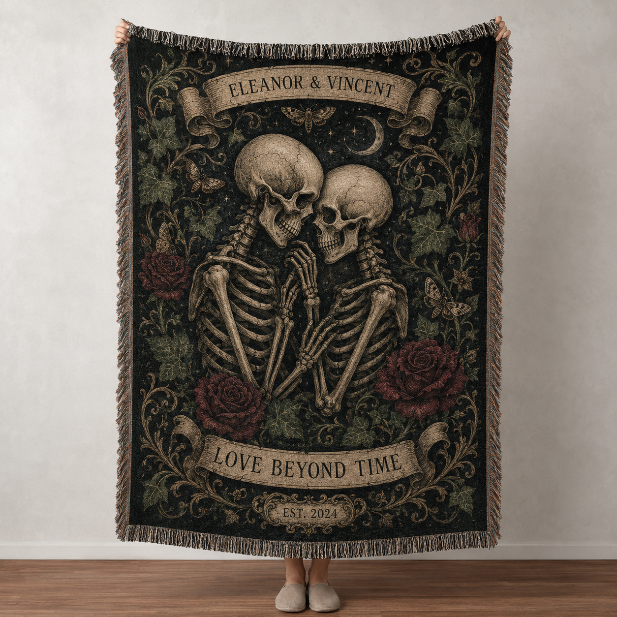 Personalized gothic skeleton couple woven blanket full design view