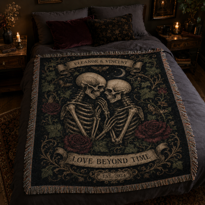 Gothic skeleton couple woven blanket displayed on a dark romantic bed