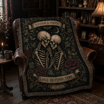 Gothic skeleton couple woven blanket draped on a vintage leather chair
