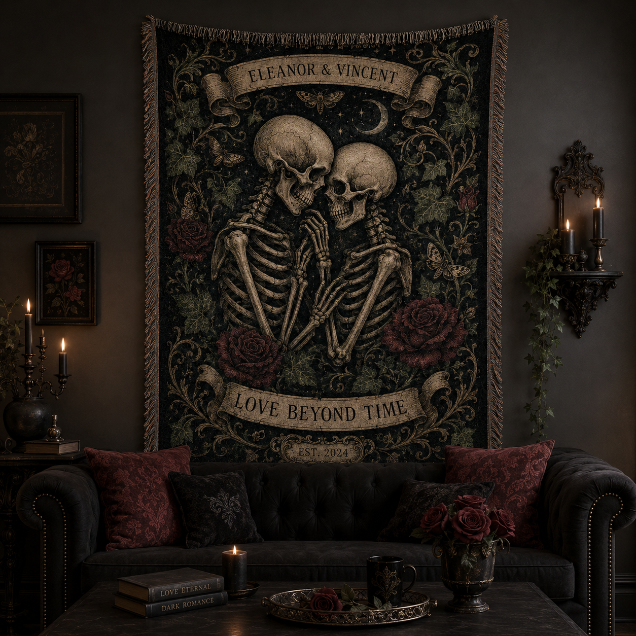 Gothic skeleton couple woven blanket displayed as dramatic wall decor