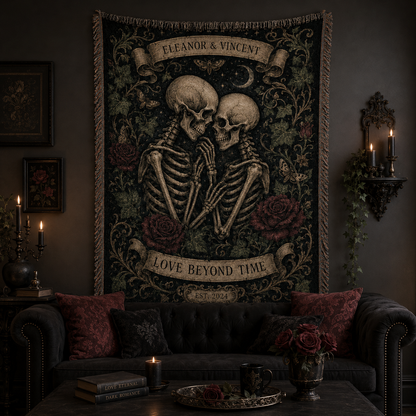 Gothic skeleton couple woven blanket displayed as dramatic wall decor