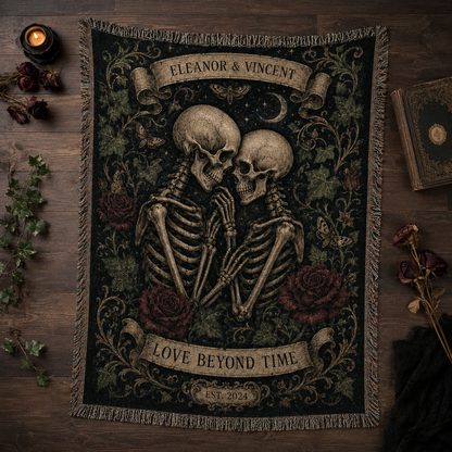 Gothic skeleton couple woven blanket flat lay with roses and vintage book