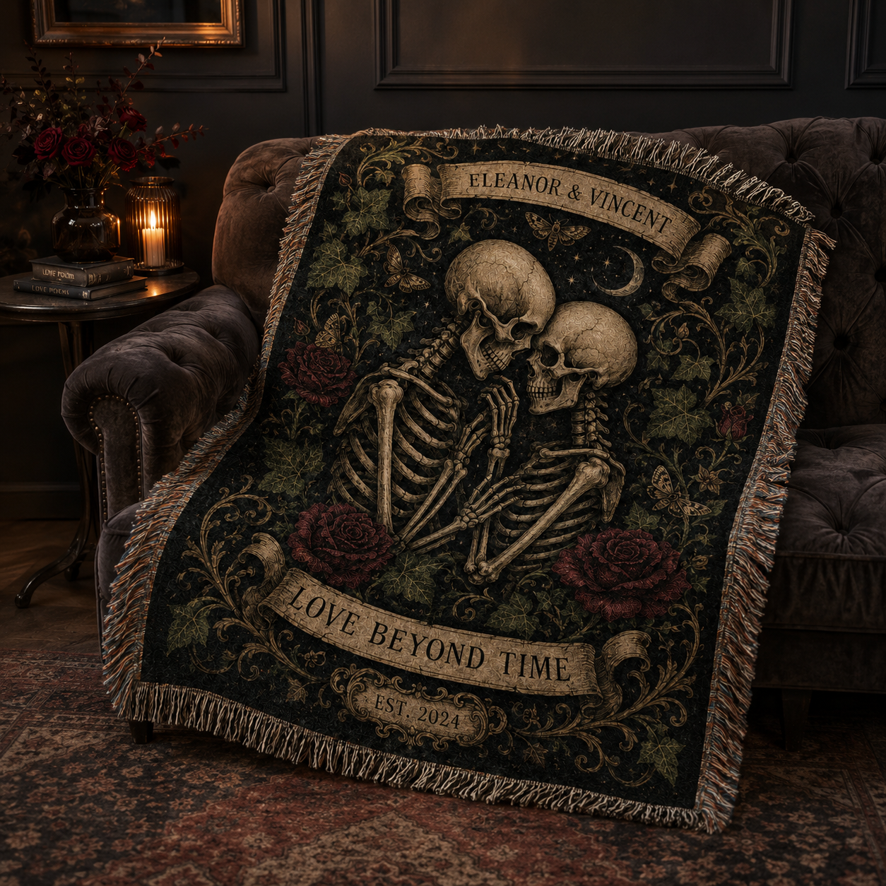 Gothic skeleton couple woven blanket draped on a velvet sofa