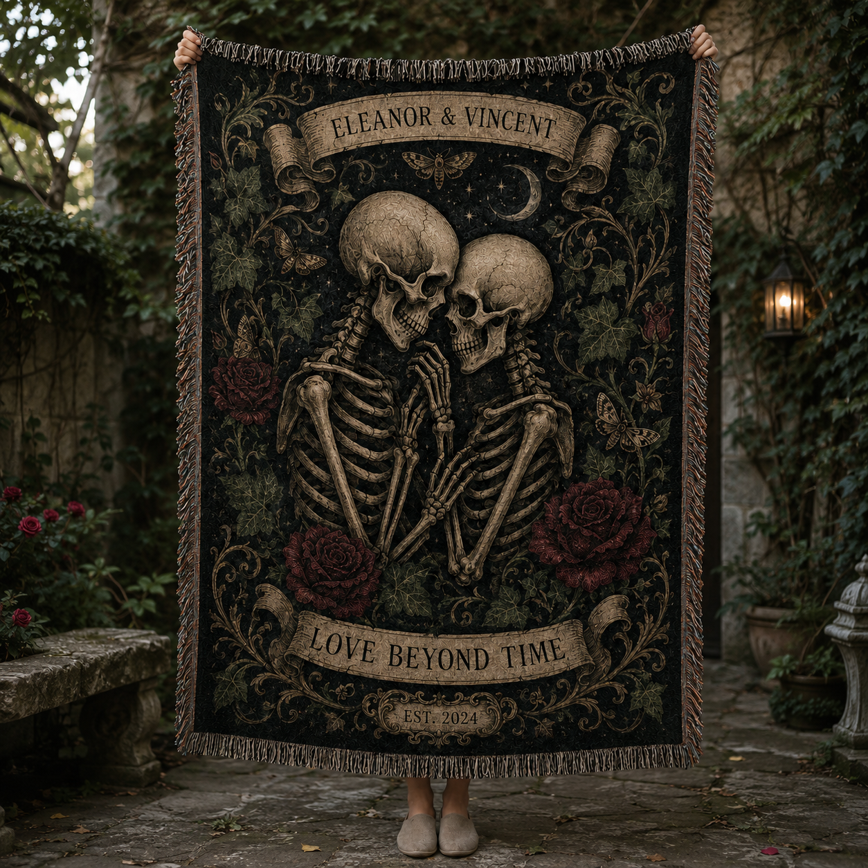 Gothic skeleton couple woven blanket held in an ivy garden