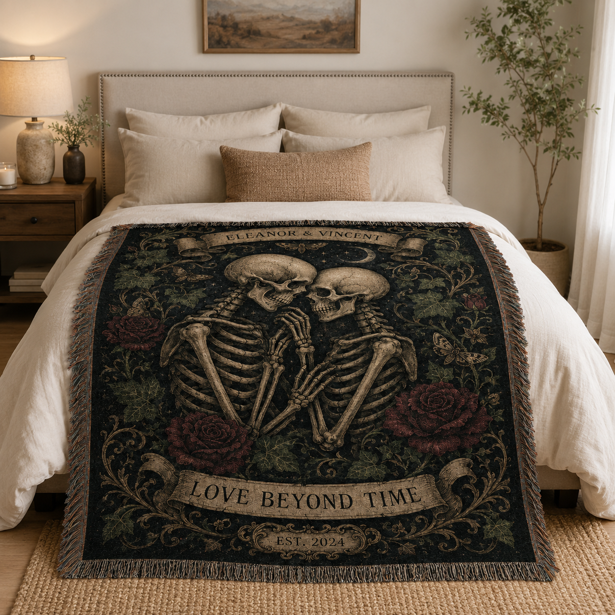 Gothic skeleton couple woven blanket styled on a neutral bedroom bed