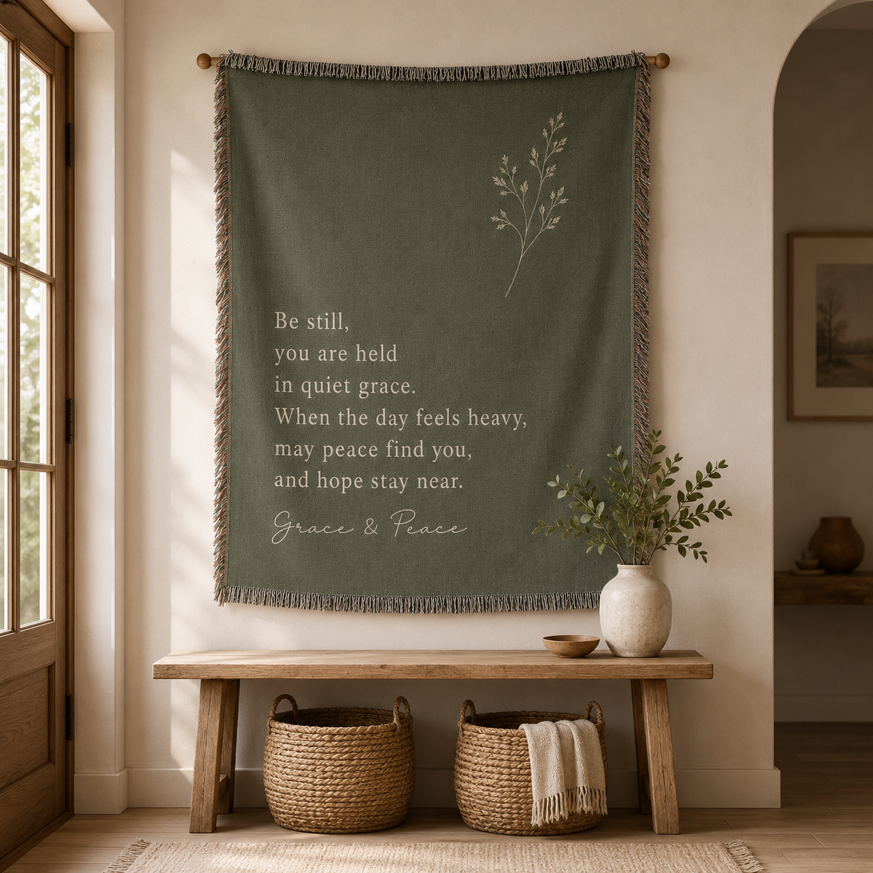 Grace and Peace sage green inspirational woven blanket hanging as wall decor above a bench