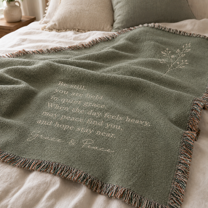 Close up of Grace and Peace sage green woven blanket showing fringe and woven texture