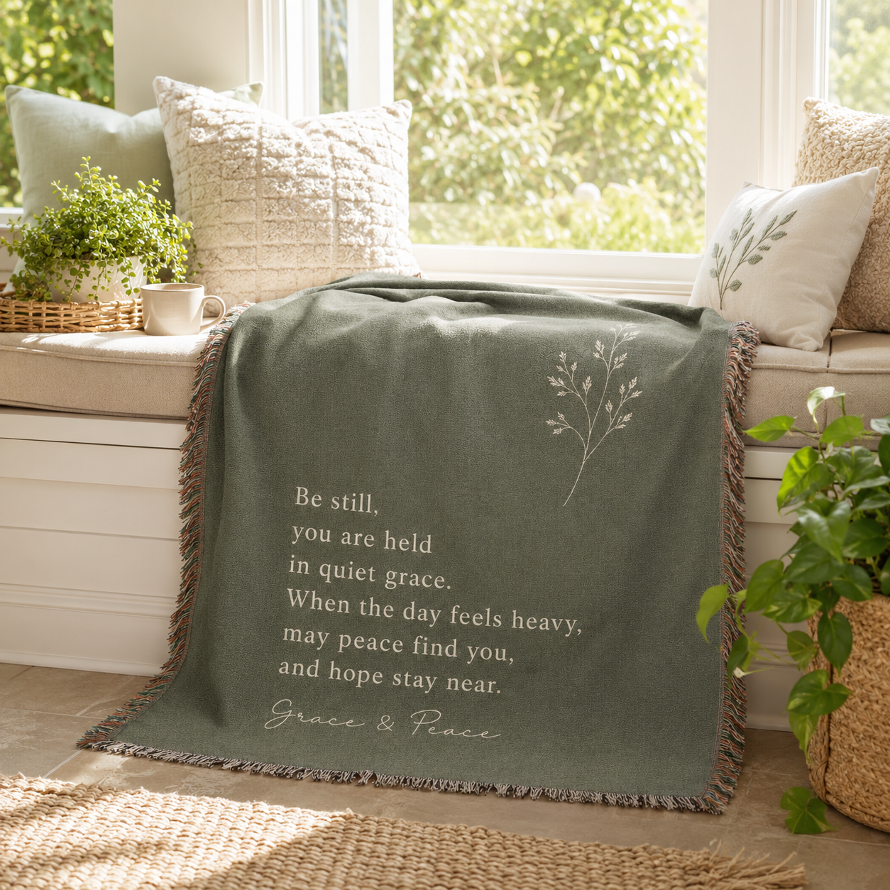 Grace and Peace sage green inspirational woven blanket draped on a bright window seat