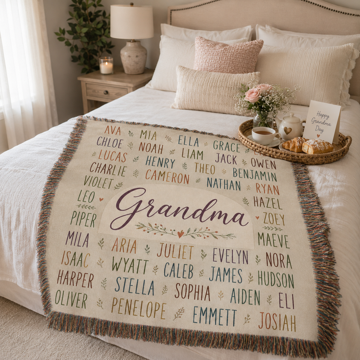 Personalized Grandma names woven blanket styled on a cozy bed