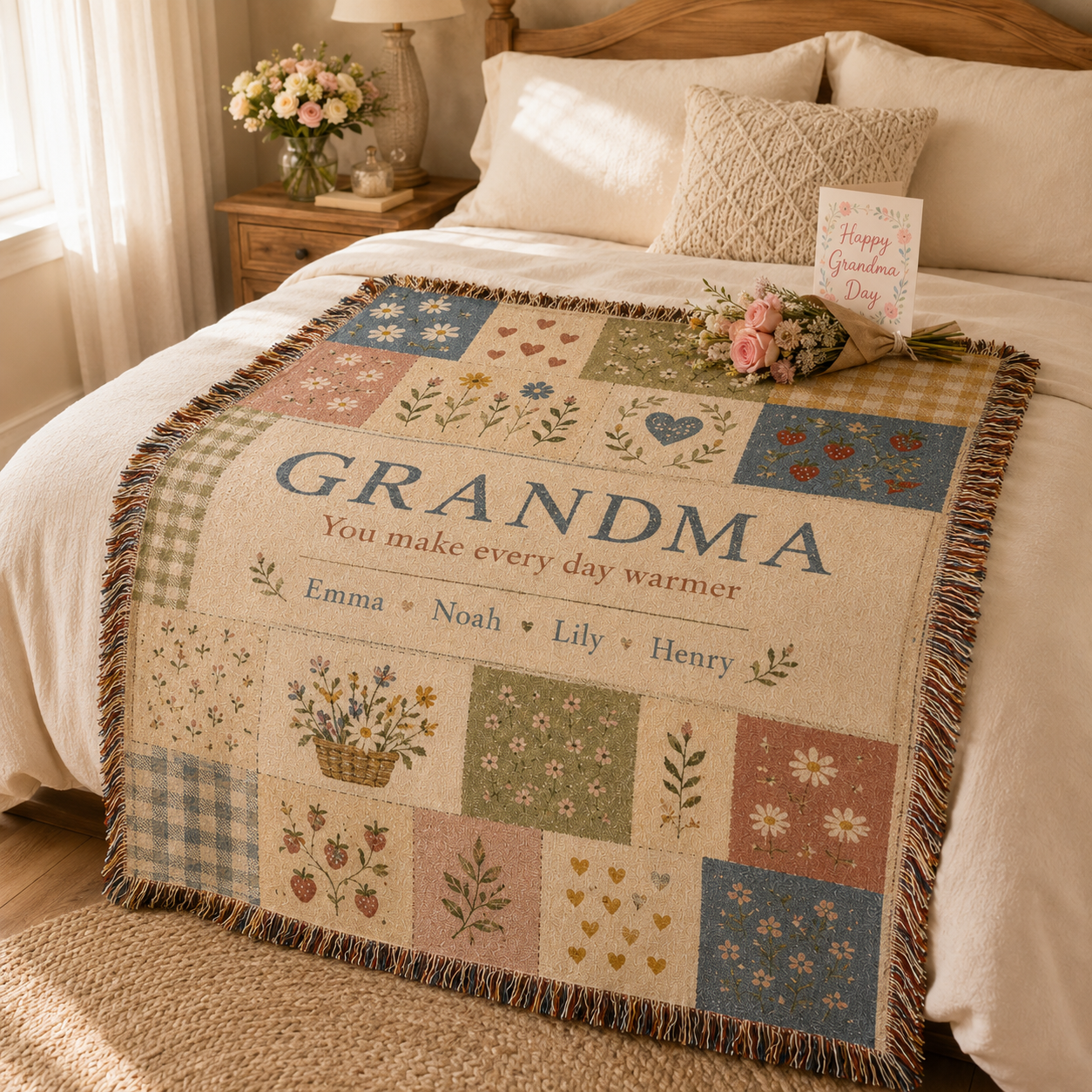 Personalized Grandma patchwork woven blanket styled on a cozy bed