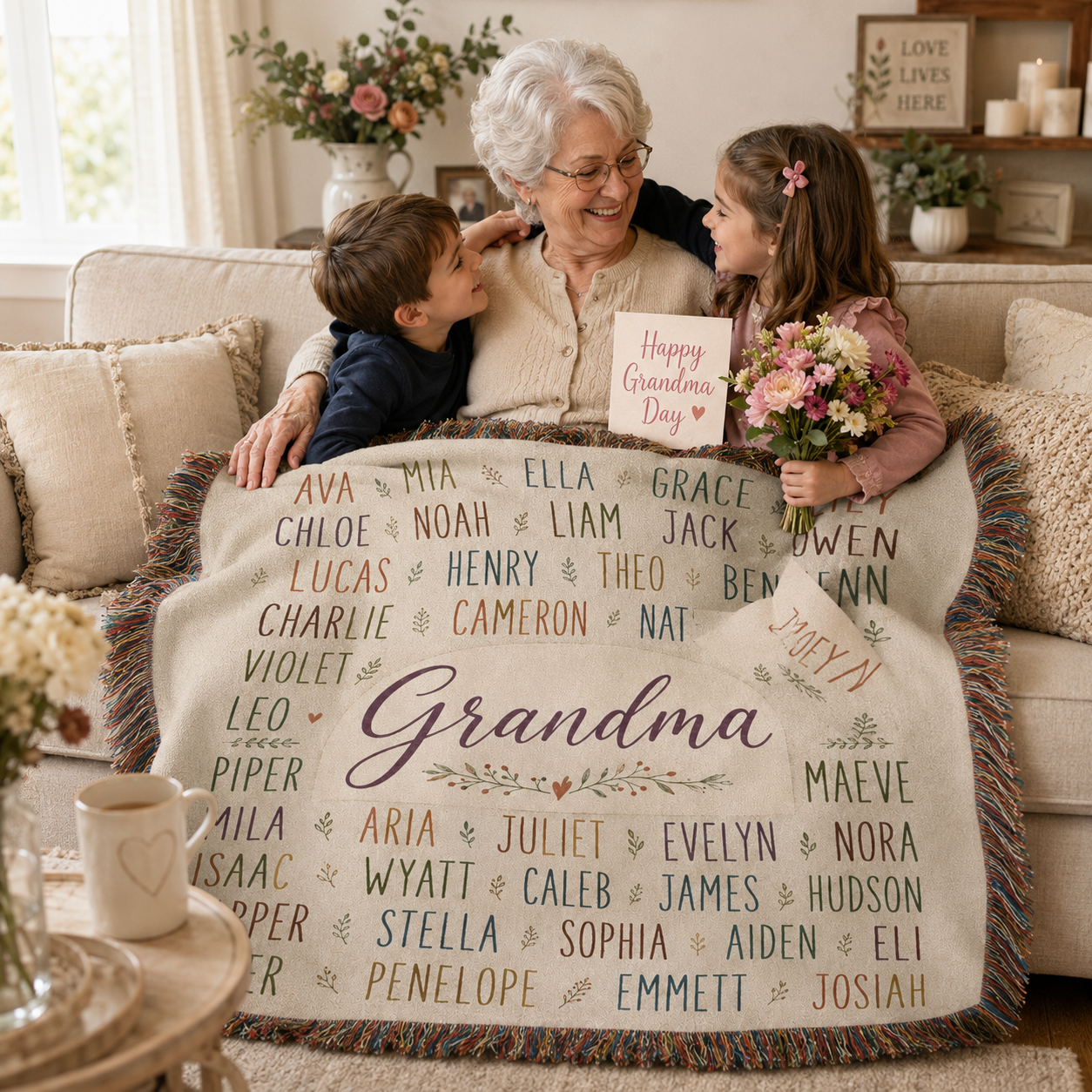 Grandma Day family moment with personalized woven blanket