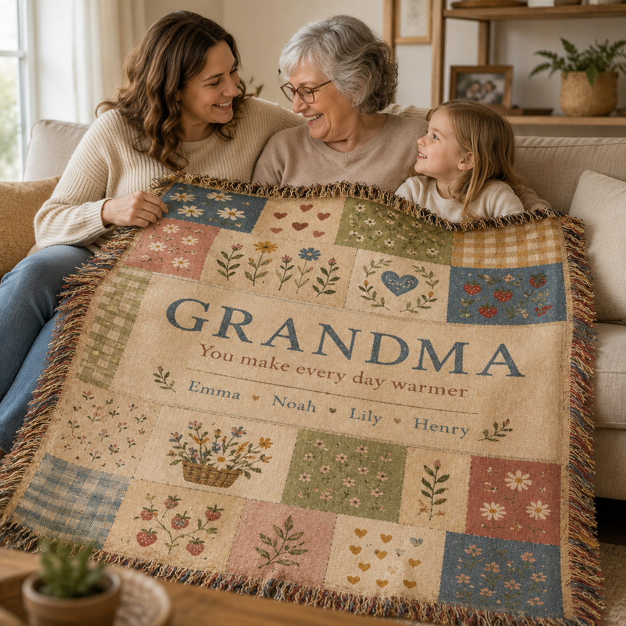 Grandma sharing personalized patchwork woven blanket with daughter and grandchild