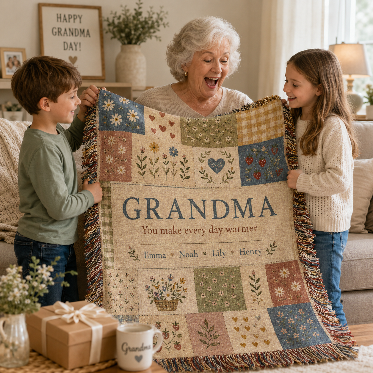 Grandma receiving personalized patchwork woven blanket from grandchildren