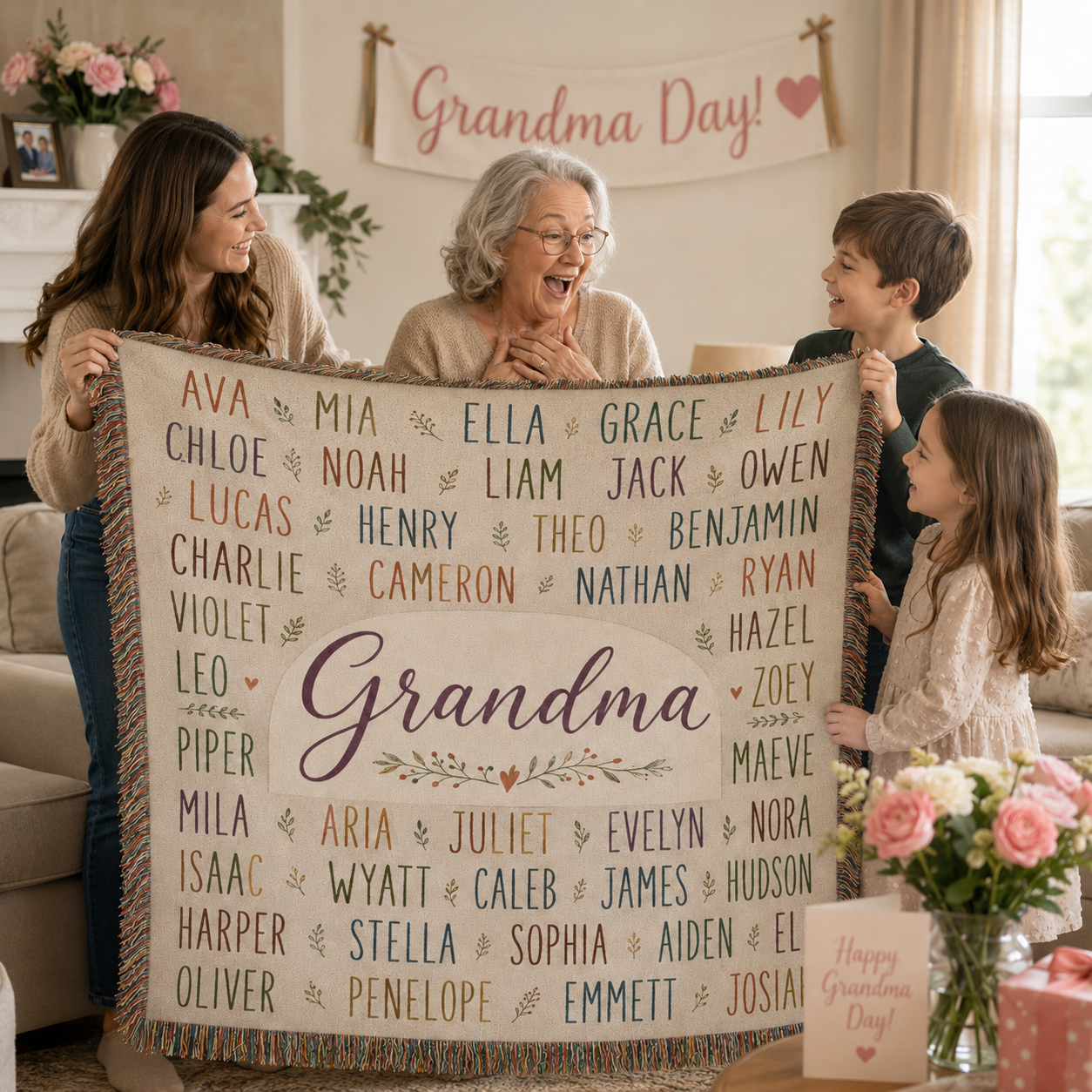 Grandma receiving a personalized woven blanket from her family