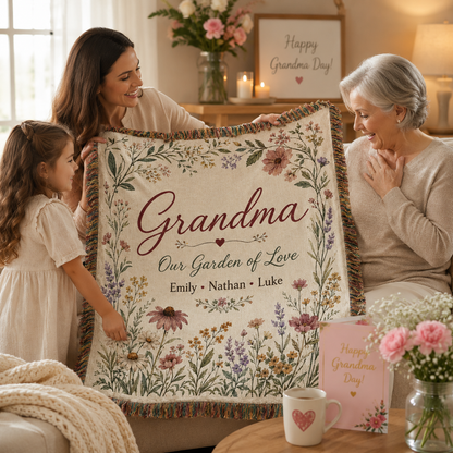 Grandma receiving personalized garden woven blanket from daughter and grandchild