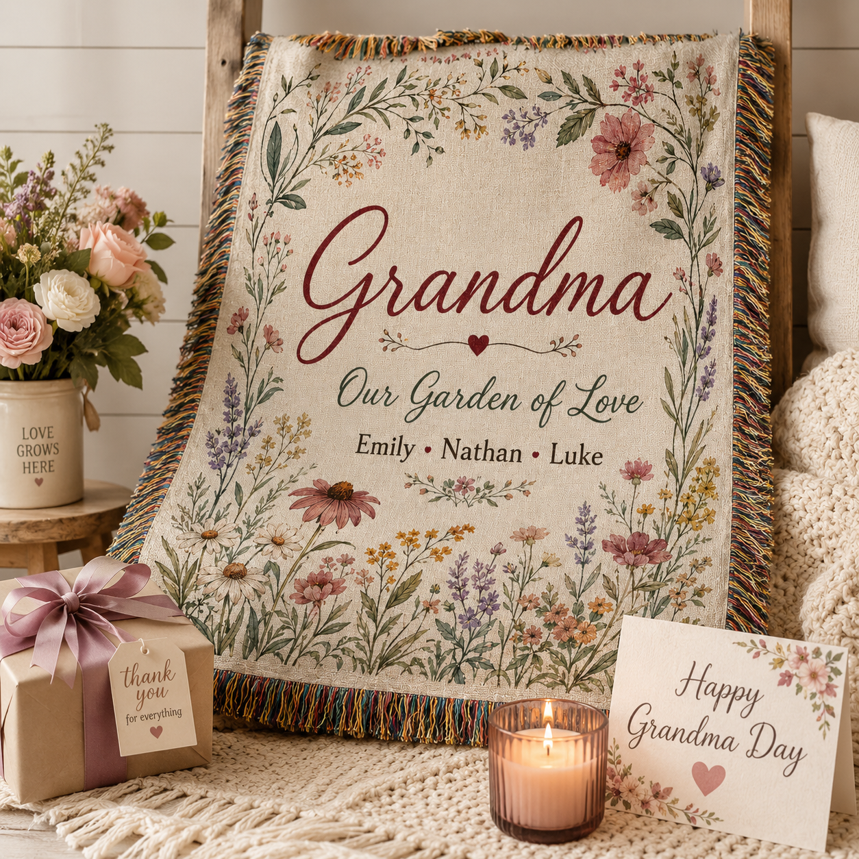 Personalized Grandma garden woven blanket displayed with gift and flowers