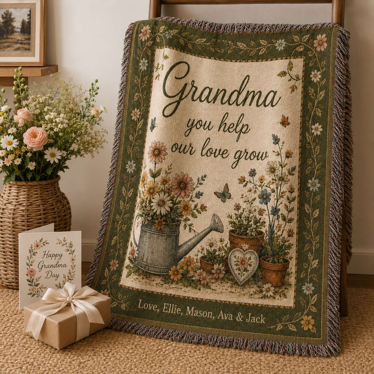 Personalized Grandma garden woven blanket displayed with flowers and gift
