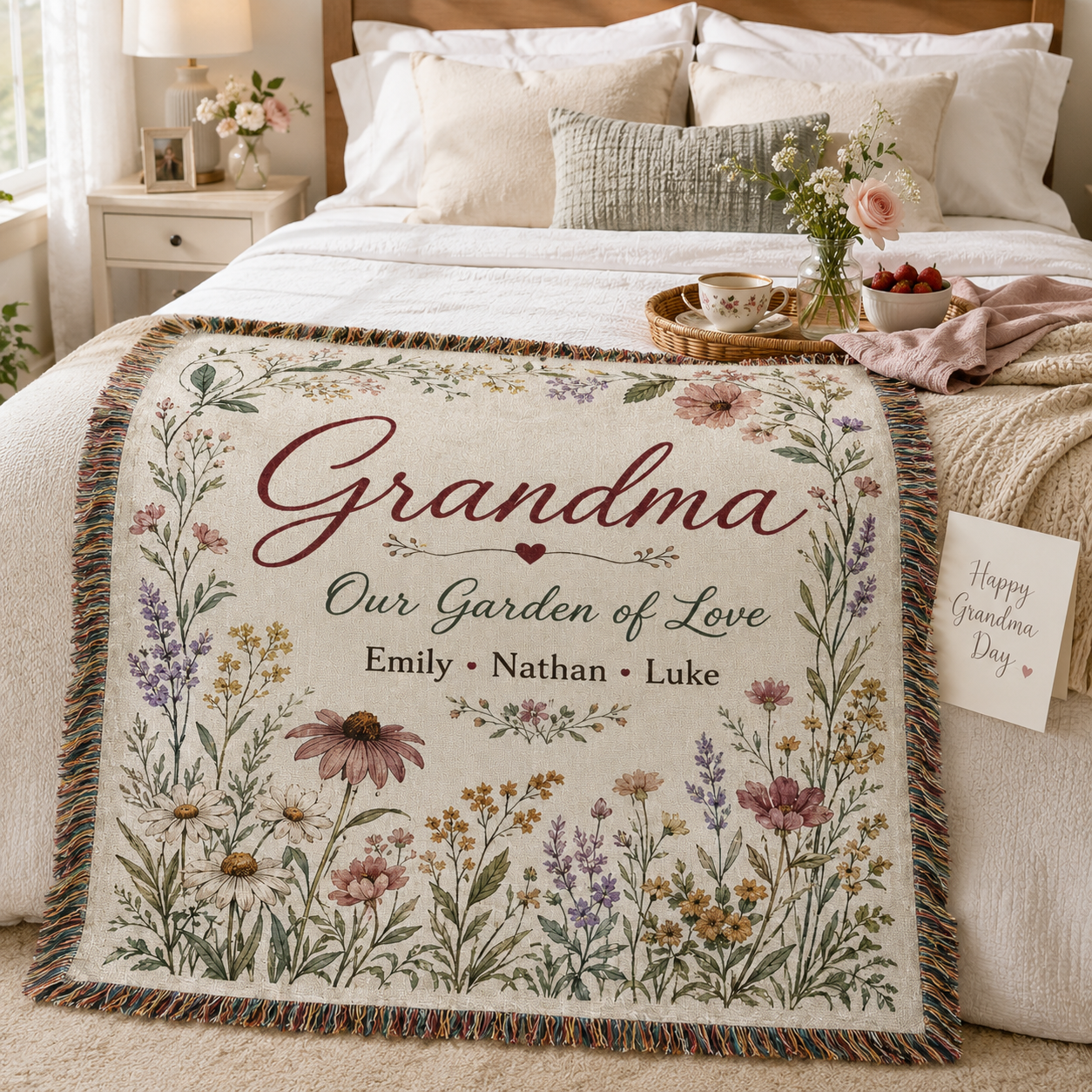 Personalized Grandma garden woven blanket styled across a cozy bed