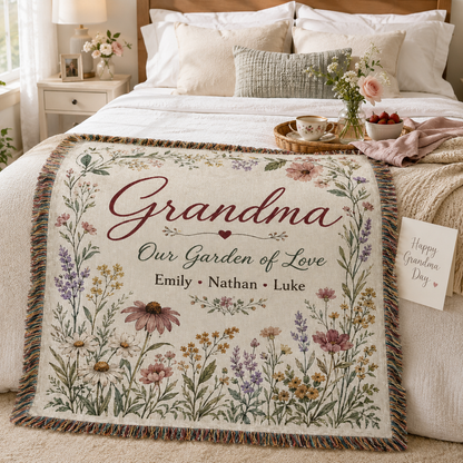 Personalized Grandma garden woven blanket styled across a cozy bed