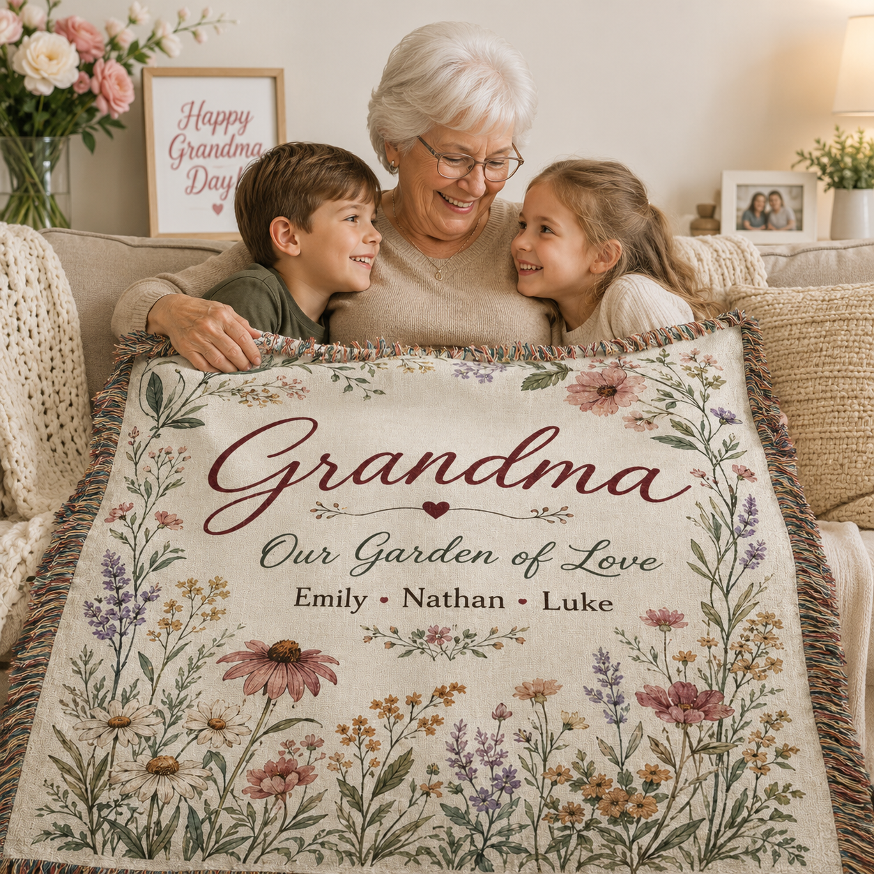 Grandma cuddling grandchildren under personalized garden woven blanket