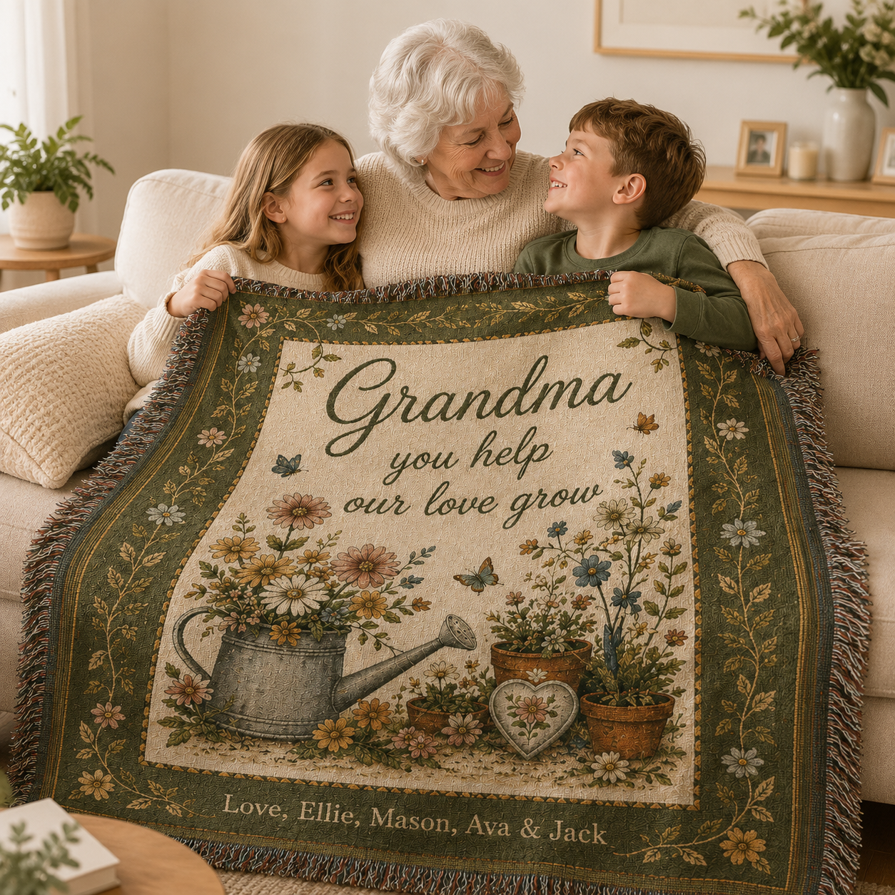 Grandma cuddling with grandchildren under a personalized garden woven blanket