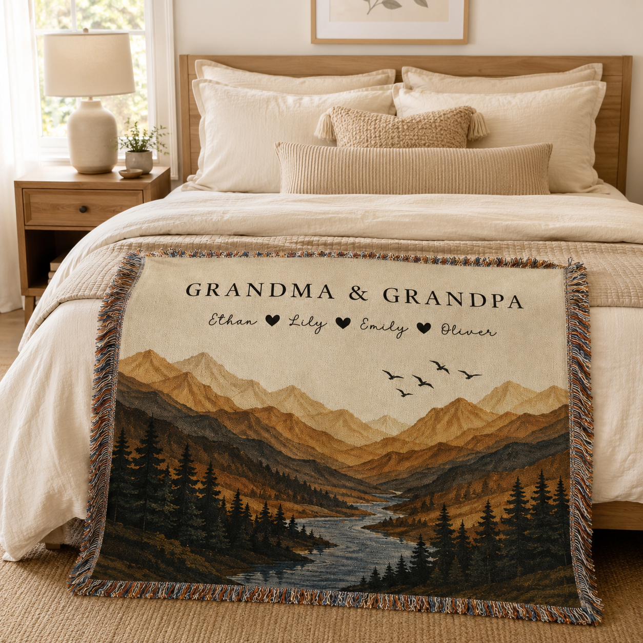 Personalized Grandma and Grandpa woven blanket displayed in a cozy neutral bedroom