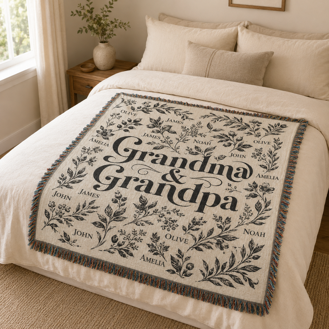 Custom Grandma and Grandpa woven throw blanket styled on a neutral bed