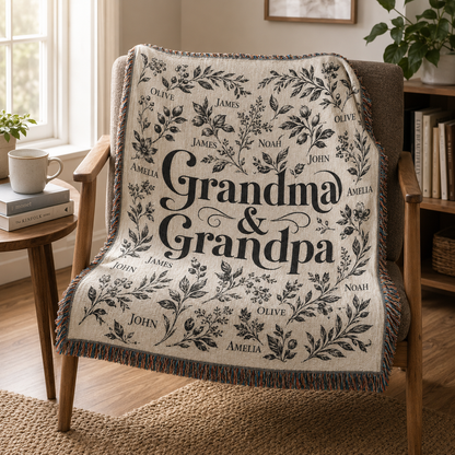 Personalized Grandma and Grandpa botanical blanket in a cozy reading chair