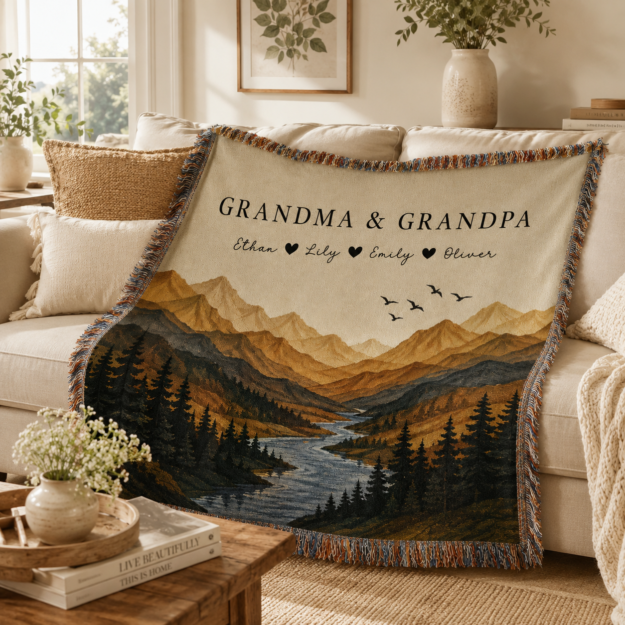 Custom Grandma and Grandpa woven throw blanket styled on a sunlit living room sofa