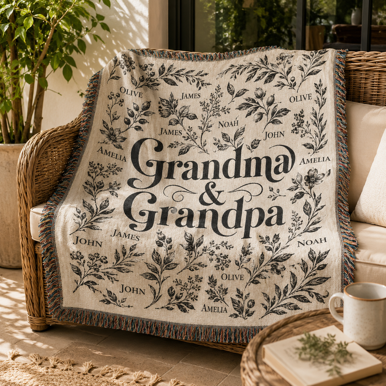Personalized botanical Grandma and Grandpa blanket styled in a sunny wicker chair