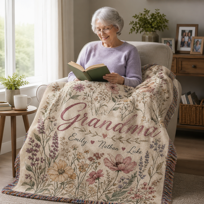 Grandmother reading while using a personalized wildflower woven blanket