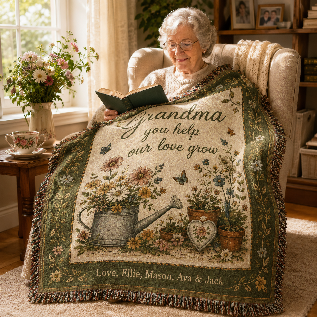 Grandma reading while wrapped in personalized floral garden woven blanket